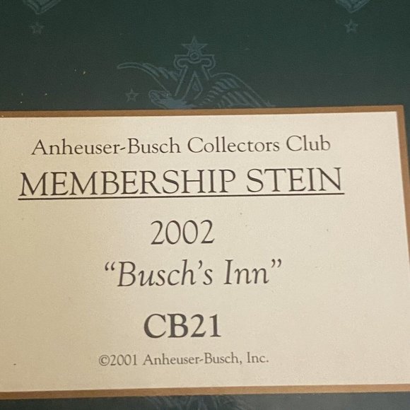 Bushes Inn ANHEUSER BUSCH COLLECTORS CLUB 2002 MEMBERSHIP Stein COA CB21 - Picture 2 of 12